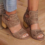 Women's Solid Color Hollow Carved Chunky Heel Sandals 35428373C