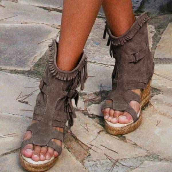 Women's Vintage Tassel Open Toe Wedge Sandals 28711184C