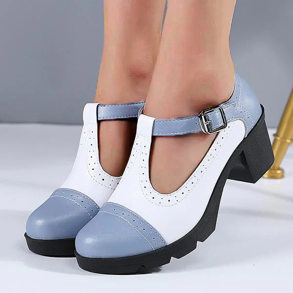 Women's Buckle Soft Sole Round Toe Chunky Heel Shoes 35147686C