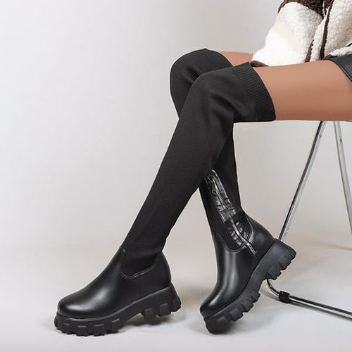 Women'S Leather Knit Panel Over Knee Boots 27603576C