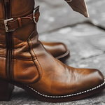 Women's Brown Vintage Buckle Strap Chunky Heel Ankle Boots 43184851C