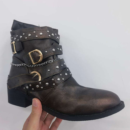 Women's Retro Belt Chain Decorated Chunky Heel Ankle Boots 96929472S