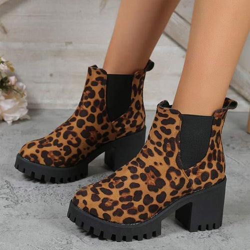 Women's Leopard Print Chunky Heel Short Boots 83295810C