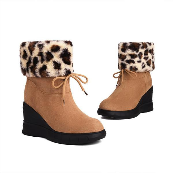 Women's Retro Leopard Print Plush Wedge Snow Boots 27207990S