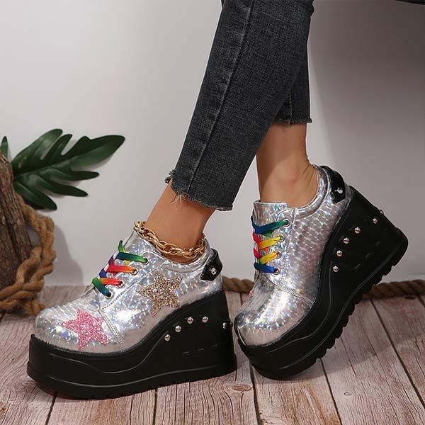 Women's Front Lace-Up Sequin Platform Wedge Loafers 24251016C