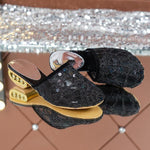 Women's Sequin Mesh Half Pack Low Heel Slippers 85369811C