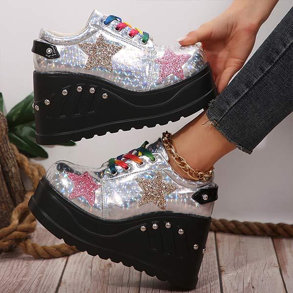 Women's Front Lace-Up Sequin Platform Wedge Loafers 24251016C