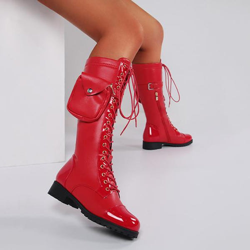 Women's Fashion Lace-Up Knee-High Boots with Side Decorative Bags 32036971S