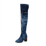 Women's Fashionable Chunk Heel Denim Over-the-Knee Boots 81332209S