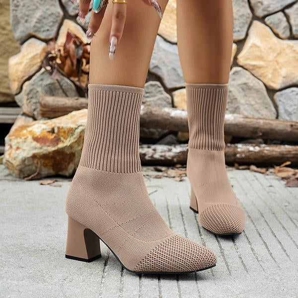 Women's Fashionable Chunk Heel Mid-calf Knitted Boots 51675228S