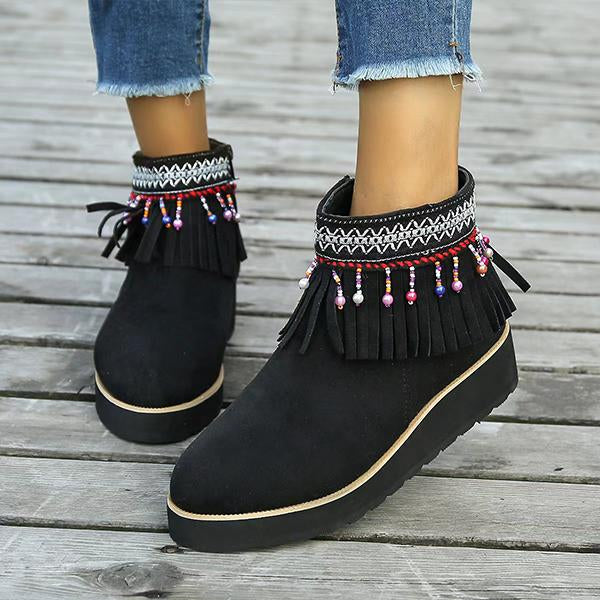 Women's Casual Ethnic Side Zipper Tassel Wedge Short Boots 32252938S