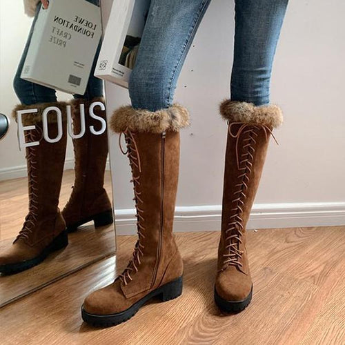 Women's Vintage Elegant Plush Cross-Lace Knee-High Boots 32424950S