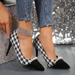 Women's Fashionable Houndstooth Pearl Stiletto Heel Pumps 19311045S