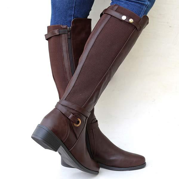 Women's Long Shaft Chunky Heeled Side-Zip Buckle Strap Riding Boots 92872554C