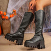 Women's Chunky Heel Zipper Back Thick Sole Knee-High Boots 26053521C