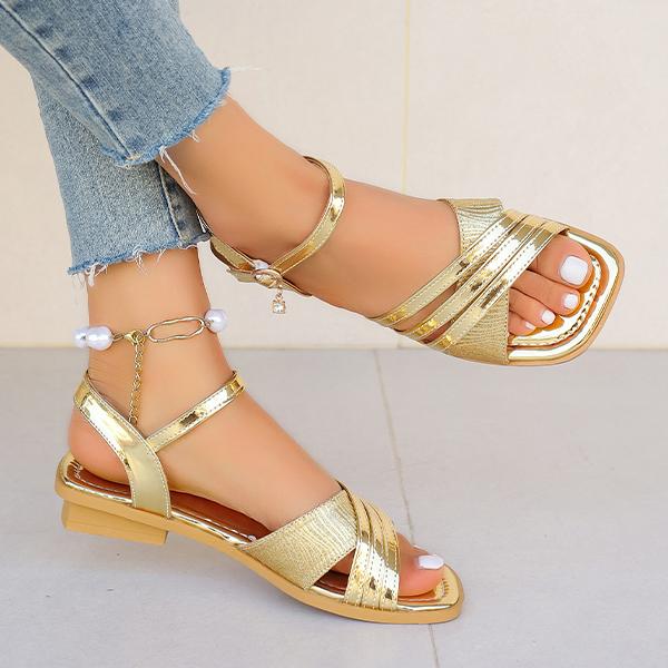 Women's Elegant Gold Cross Strap Flat Sandals 74341311S