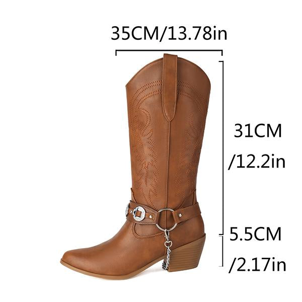 Women's Fashion Metal Buckle Chunky Heel Cowboy Boots 00949097S