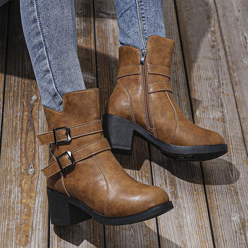 Women's Fashion Double Belt Buckle Block Heel Ankle Boots 92349802S