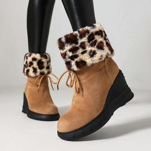 Women's Retro Leopard Print Plush Wedge Snow Boots 27207990S