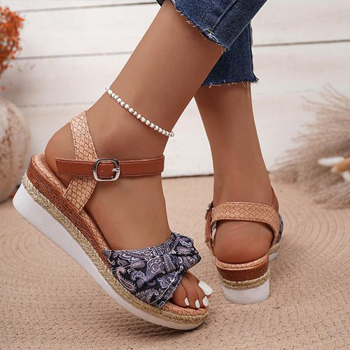 Women's Ethnic Print Wedge Buckled Roman Sandals 84906039S