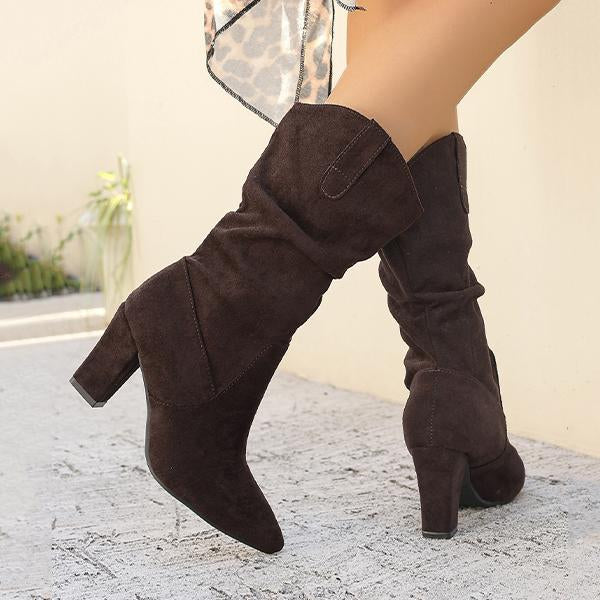 Women's Fashion Pleated Pointed Suede Mid-calf Boots 70318693S