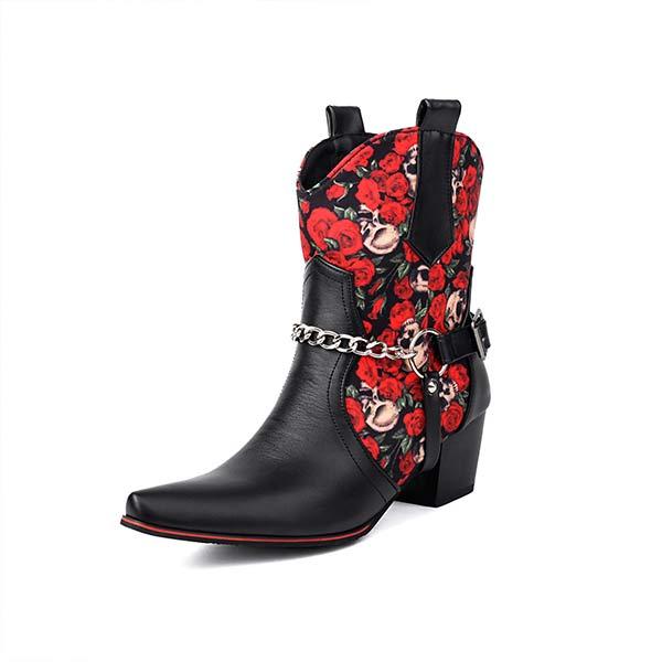 Women's Floral Color Block Metal Chain Western Ankle Boots 47138833C