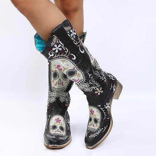 Women's Vintage Black Skull Embroidery Print Tall Boots 86622106S