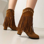 Women's High-Heeled Suede Studded Fringe Boots 89948733C