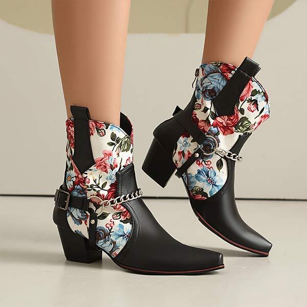 Women's Floral Color Block Metal Chain Western Ankle Boots 47138833C