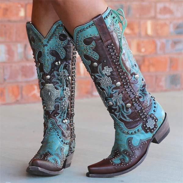 Women's Low Heel Stud High-Calf Western Cowboy Boots 87258531C