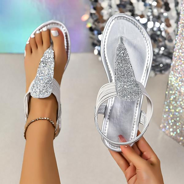 Women's Fashionable Flat Sequined Flip-On Beach Sandals 27450253S