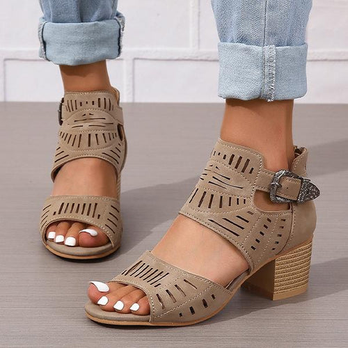 Women's Fashion Hollow Zipper Chunky Heel Sandals 89606513C