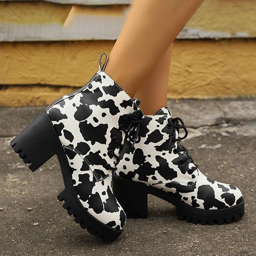 Women's Fashionable Cow Pattern Lace-Up Ankle Boots 87219400S