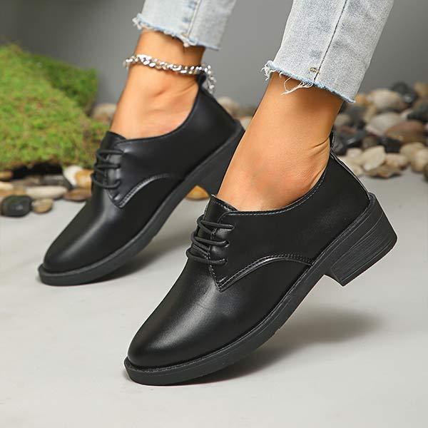 Women's Black Low Heel Chunky Lace-Up Flats 48135459C