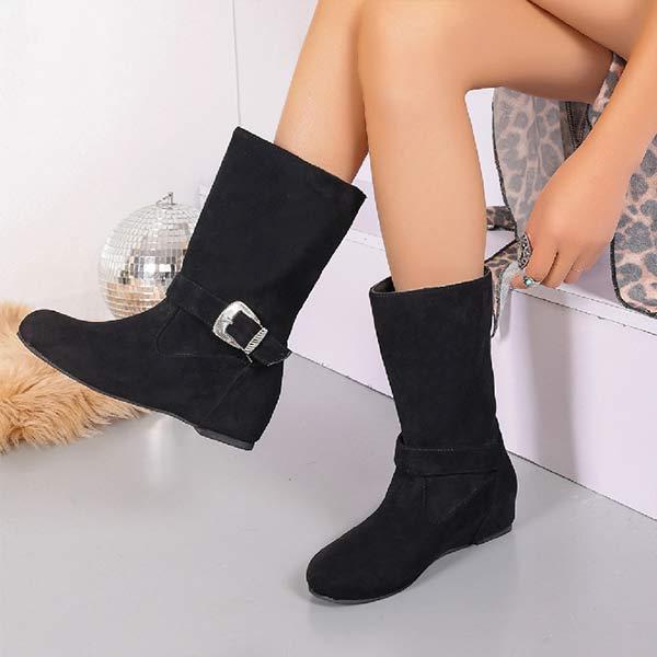 Women's Suede Belt Buckle Mid-Calf Fashion Boots 94546362C