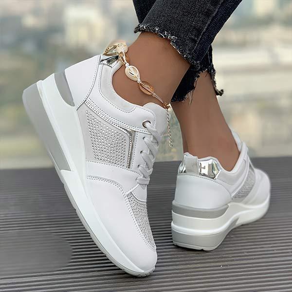 Women's Thick-Soled Casual Lace-Up Rhinestone Sneakers 49082393C