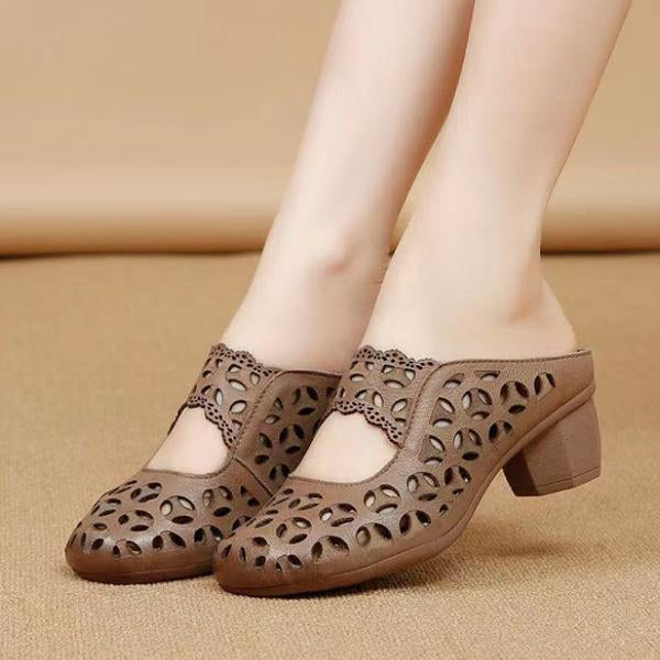 Women's Solid Color Retro Hollow Thick Heel Slippers 40720675C