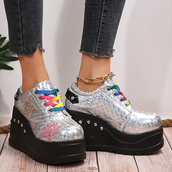 Women's Front Lace-Up Sequin Platform Wedge Loafers 24251016C