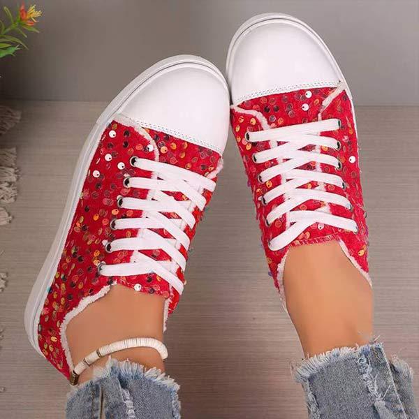 Women's Round-Toe Flat-Soled Lace-Up Sequined Casual Shoes 12179493C