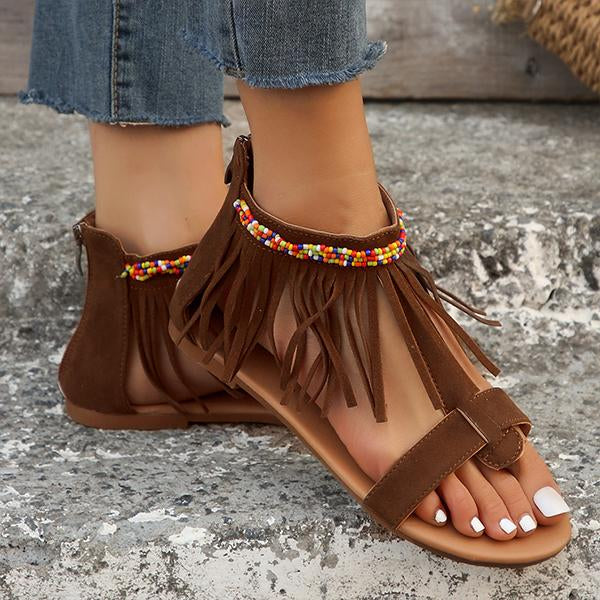 Women's Fringed Vintage Beaded Flat Thong Sandals 50066391S