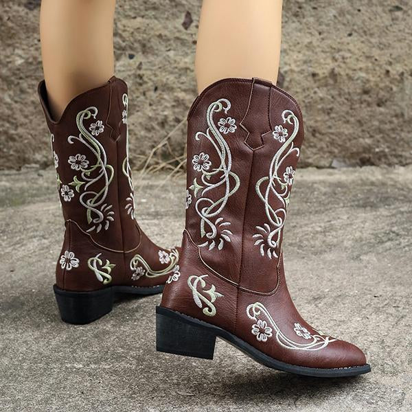 Women's Retro Casual Flower Embroidered Mid-calf Boots 08181419S