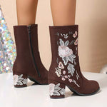 Women's Embroidered Mid-Calf Chunky Heel Martin Boots 54190232C