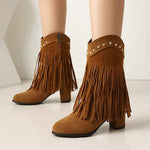 Women's High-Heeled Suede Studded Fringe Boots 89948733C