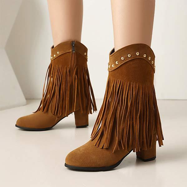 Women's High-Heeled Suede Studded Fringe Boots 89948733C