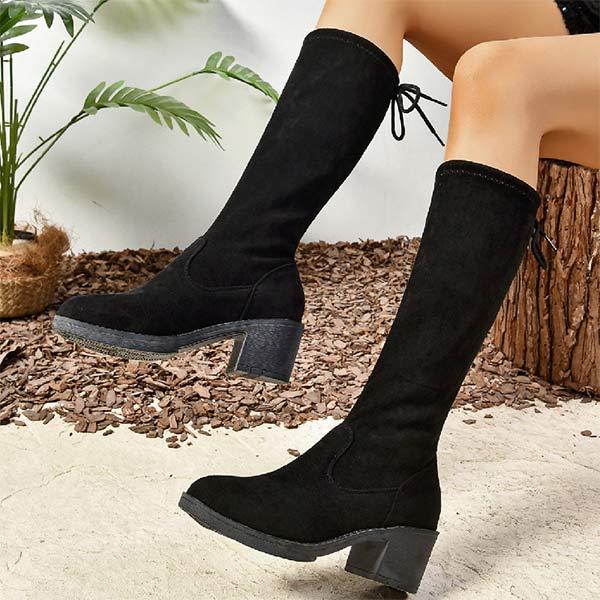 Women's Chunky Heel Back Lace-Up Knee-High Boots 48994580C