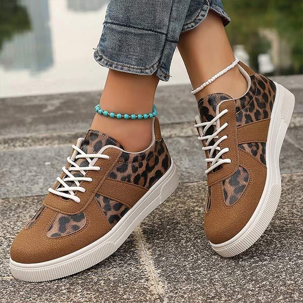 Women's Leopard Print Front Lace-Up Thick-Soled Sneakers 37287835C