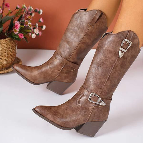 Women's Retro Belt Buckle Chunky Heel Western Cowboy Boots 00561952C