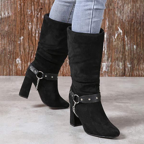 Women's Mid-Calf Suede Boots with Chunky Heel and Belt Buckle Detail 73313788C