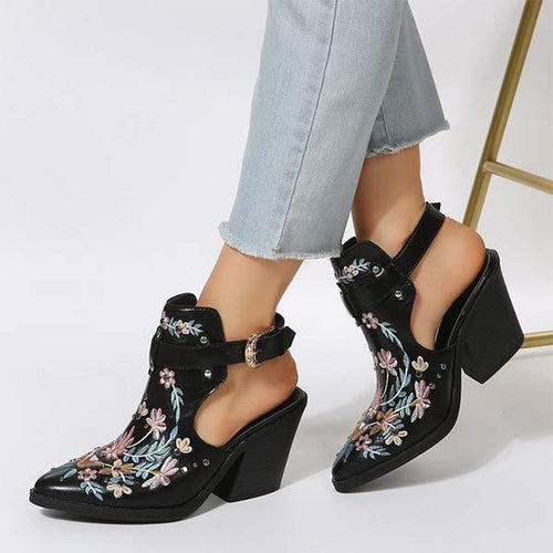 Women's Vintage Embroidered Studded High Heel Sandals with Chunky Heels 49553105C