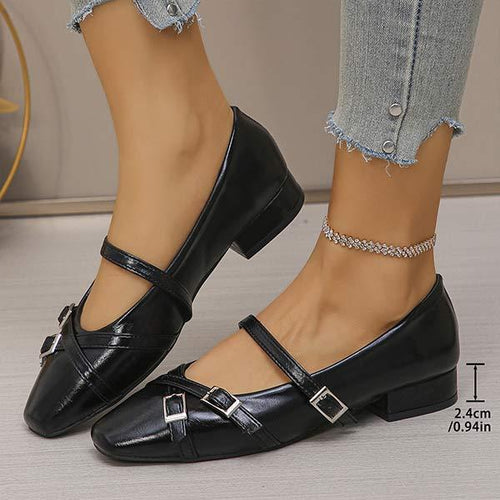 Women's Square Toe Chunky Heel Buckle Strap Flats 25698569C